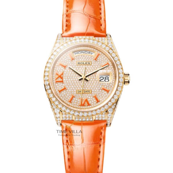 Rolex Day-date 128158RBR Roman Orange Dial Full Diamond Rose Gold 36mm