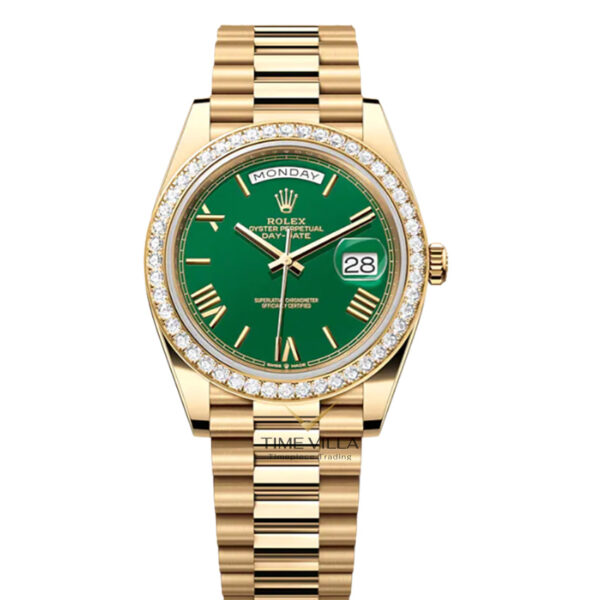rolex Day Date 228238RBR Green Roman Dial Diamond Bezel President Yellow Gold