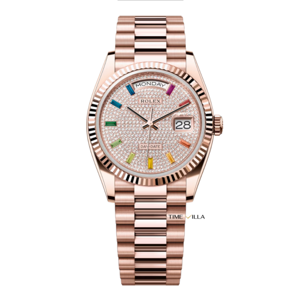 Rolex Day Date 36 Rose Gold Diamond Paved Rainbow Colored Sapphires Dial & Fluted Bezel President Bracelet 128235